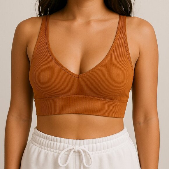 Aerie NWT Brown Ribbed Plunge Bralette Double Strap Mesh Back - Picture 1 of 5